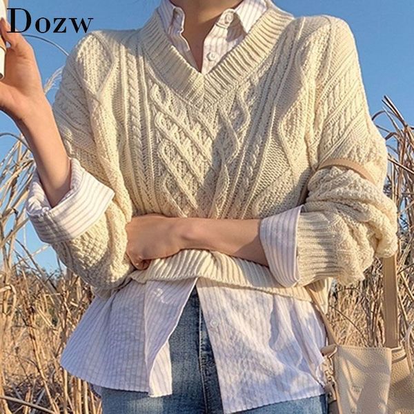 

women's sweaters retro twist pullover sweater women v neck casual lady cropped batwing long sleeve loose soft knit jumper, White;black