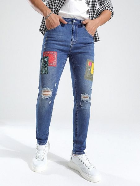 

men paisley patched ripped skinny jeans j8fx#, Blue