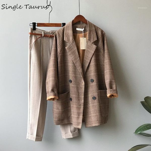 

2020 fall autumn retro blazers women long sleeve long blazer women fashion streetwear causal lattice print tweed blazer mujer1, White;black