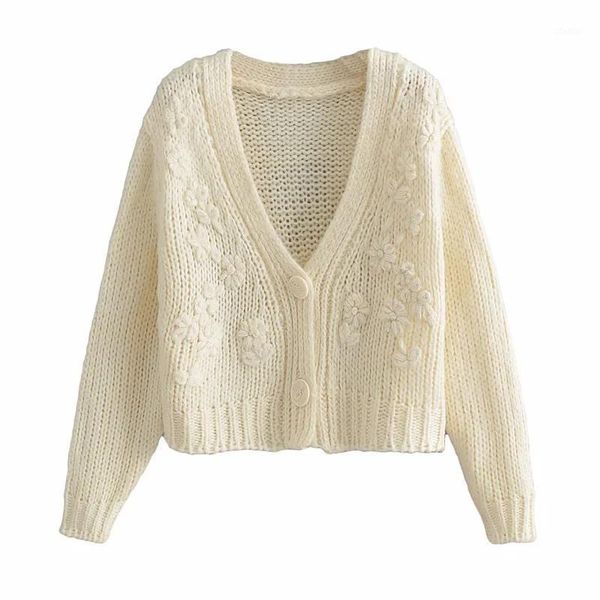 

women's knits & tees women sweet loose girlish style knitting flowers sweater female single-breasted long sleeves cardigan chic, White