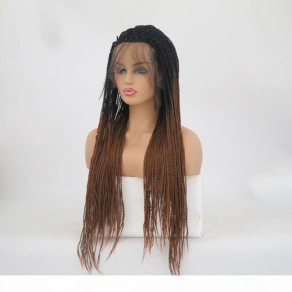 

braided lace front wigs ombre brown heat resistant fibe hair for black women glueless twist synthetic lacefront wig ombre with dark roots