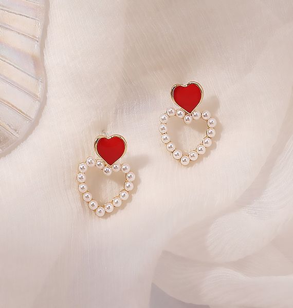 

s925 серебряная игла полая любовь жемчужные серьги серьги корейский сладкий темперамент капает нектарина сердце серьги личности дикого сереб, Black