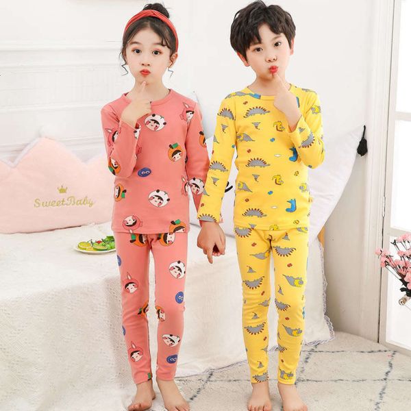 

household pure middle pajamas girls' boys' cotton big warm underwear set children's autumn cloth and mj9e, Blue;red