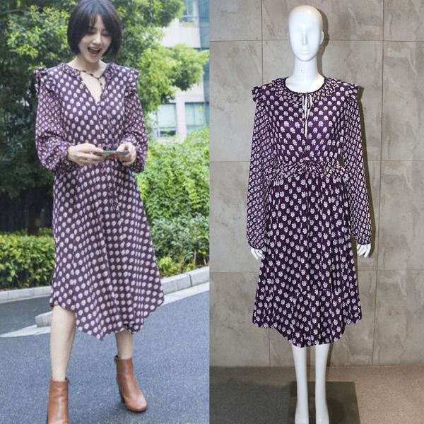 

yuanyuan dress autumn same star gao chiffon printed v-neck long sleeve skirt, Black;gray