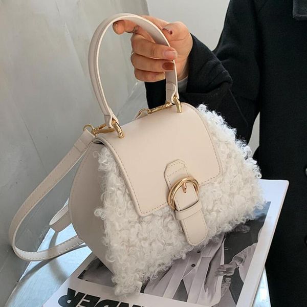 

shoulder bags contrast color tote shell bag 2021 winter high-quality pu leather women's designer handbag soft plush messenger