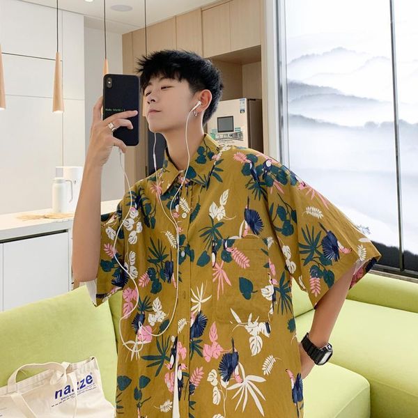 

hawaiian floral beach men shirt loose retro short sleeve button collar shirts casual camisas hombre men clothes summer mm60ncs1, White;black