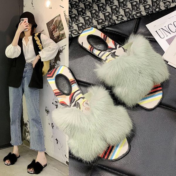 

2020 new beach flat women furry slippers fleece female cross with open toe short plush warm fur slippers metal female slides x1020, Black