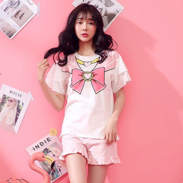 

sailor moon pink pajamas cactus strawberry stripes girls women lolita summer sleepwear pijama sets costume short sleeve y200708, Black;red