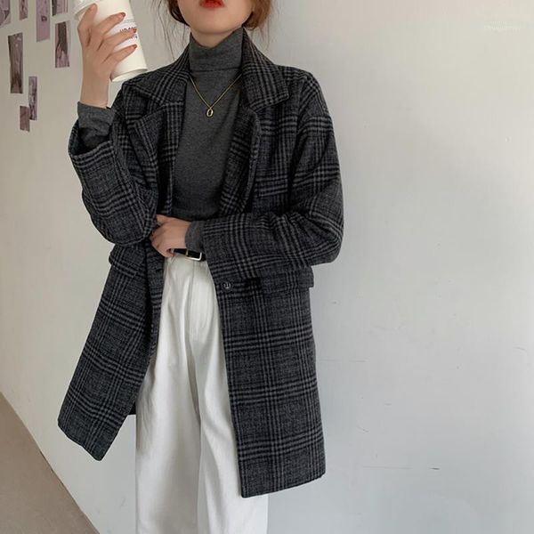 

design sense small plus cotton thickening retro plaid medium long woolen coat women's autumn winter blazer woolen coat1, Black