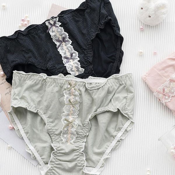 

comfortable cotton underwear female cute lace bow polka dot bread pants low waist triangle girl girls low waist briefs lntimate1, Black;pink