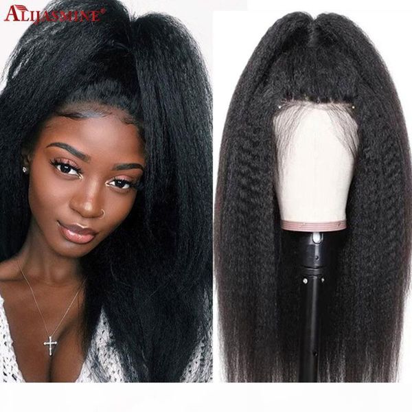 

250% brazilian kinky straight wigs for women middle part lace front human hair wigs with baby hair remy yaki human wig, Black;brown