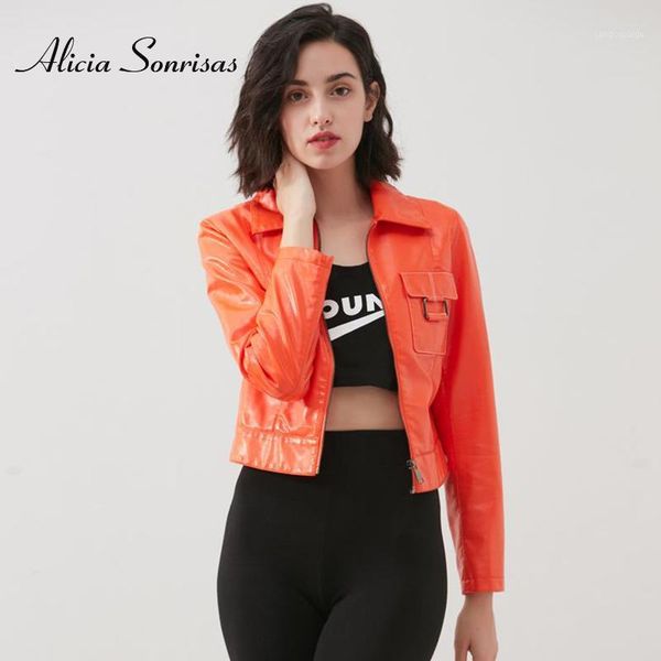 

2020 autumn new lapel pu leather jacket women's short style casual green orange short coat motorcycle leather jacket biker coat1, Black