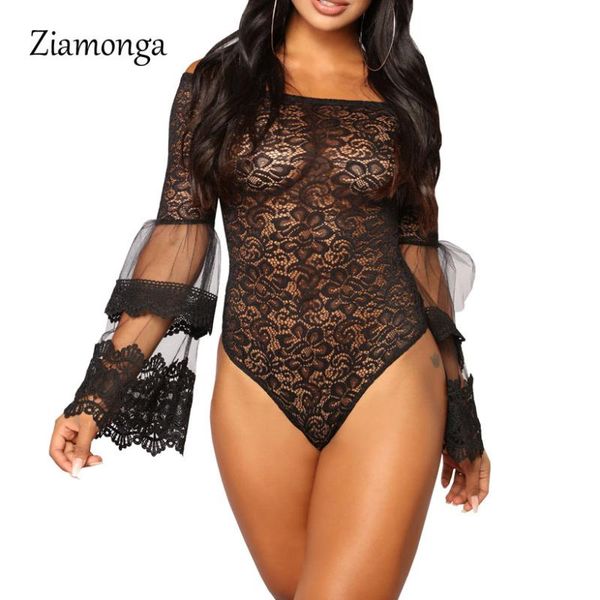 

ziamonga strapless bodysuit lace mesh long sleeve rompers women jumpsuit 2021 new black female body suits women sleepwear, Black;white
