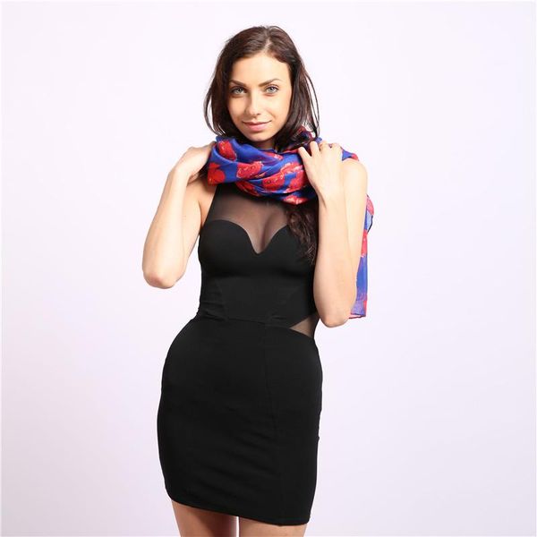 

2020 new fashionable ladies long pretty blue and red sheer floral scarf, Blue;gray