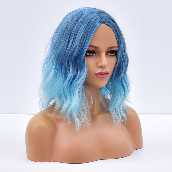 

costume accessories cosplay colored wavy short hair synthetic wig for white women natural blue ombre heat resistant daily wavy fibre female, Silver