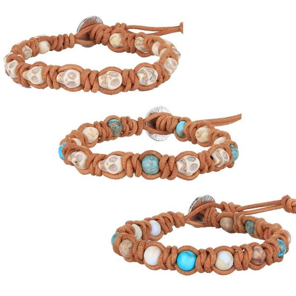 

kelitch 2021 new charm craved skull tiger stone beads wrap bracelets leather wrap strand bracelets tribal ethnic style, Golden;silver