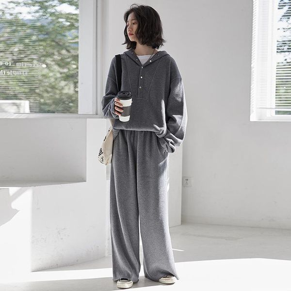 

2 pieces fashion women sets 2020 autumn winter loose casual hooded hoodies sweatshirt sets female pullover pants suits ws2421, Gray