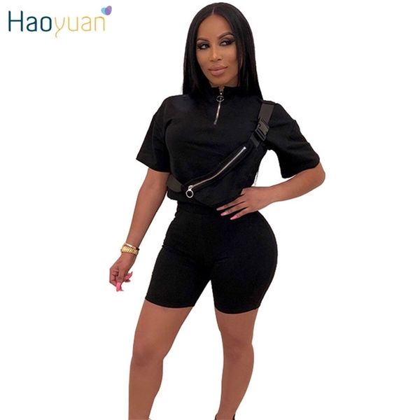 

haoyuan two piece matching sets tracksuit zipper buckle short sleeve crop + bodycon biker shorts 2 piece outfits for women y200824, Gray