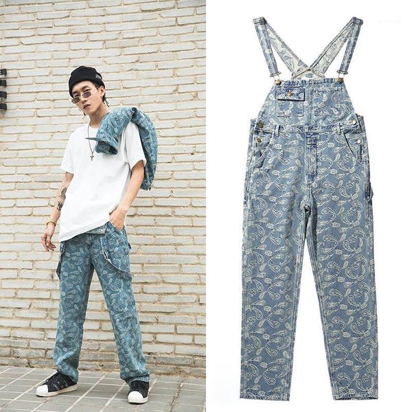 

cashew jacquard denim overalls mens loose straight trousers streetwear vaqueros hombre jean homme pants male plus size clothes1, Blue