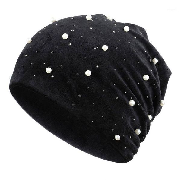 

women skullies winter velvet hat beanies soft warm shiny pearls rhinestones hats 449f1, Blue;gray