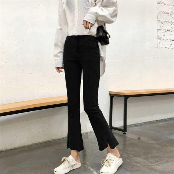 

autumn 2020 new korean version of vintage made old jeans high-waisted slim mini flared trousers nine points pants woman1, Blue