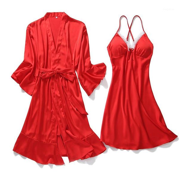 

burgundy women rayon kimono bathrobe bride bridesmaid wedding robe set lace trim sleepwear casual home clothes nightwear1, Black;red