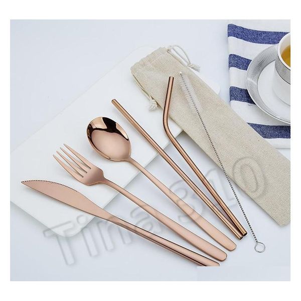 

new pcs 1set stainless steel cutlery set knife fork spoon straw with cloth pack kitchen dinnerware tableware kit f jlldbg carshop2006