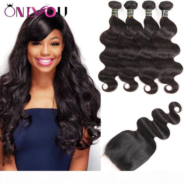 

бразильский kinky завитые девы волос плетение 4 связки с закрытием straight deep body wave lace фронтальная связки необработанные выдвижения, Black
