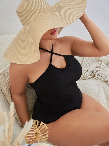 

plus solid cross one piece swimsuit z3ev#, Black