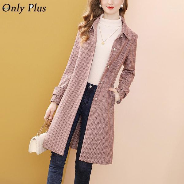 

only plus winter long windbreaker tweed trench coat vintage plaid elegant outcoat office lady collar single breasted coat1, Tan;black