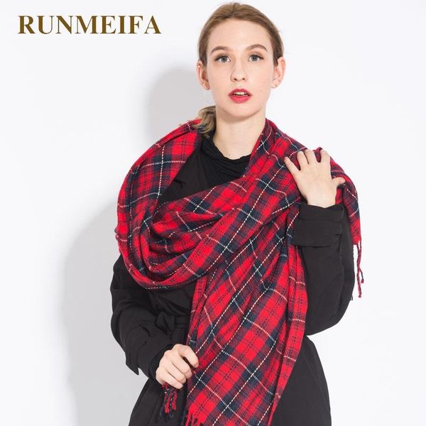 

scarves [runmeifa] 2021 brand women sjaals autumn and winter lady fashion red plaid acrylic thick keep warm tassel shawl scarf, Blue;gray