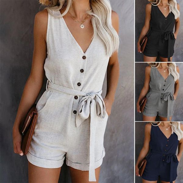 

women casual lace up playsuits 2021 summer v neck sleeveless button jumpsuit solid plus size romper elegant tunic short overalls, Black;white