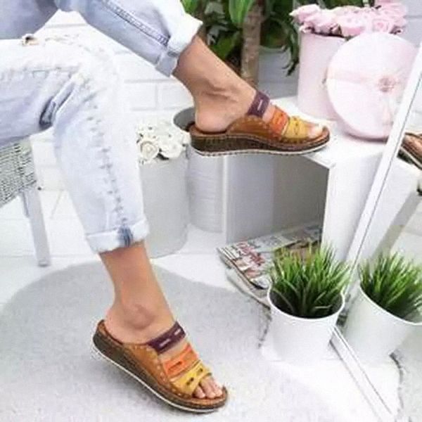 

2020 chic summer women lady fashion three-color stitching color casual low wedge heel beach open peep toe sandals slippers shoes #tb3l, Black