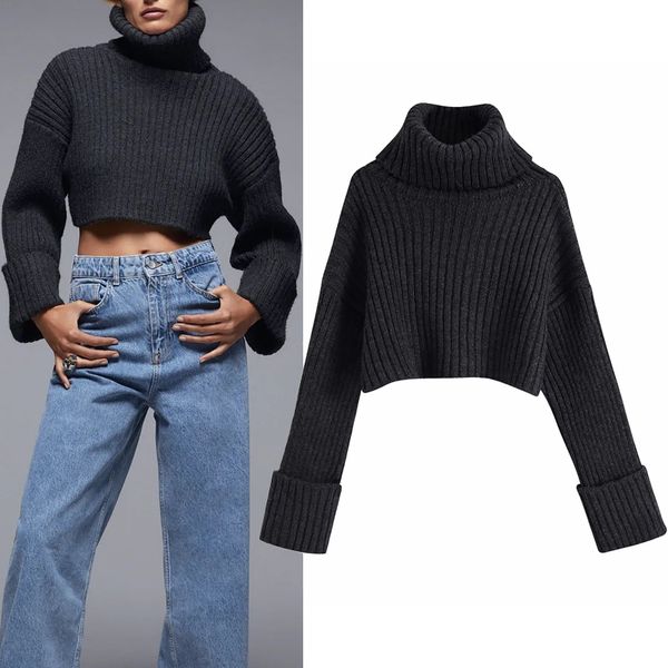 

2021 new dark grey ribbed neck cropped knitted sweater women autumn vintage long sleeve casual high street ladies sweaters s3mf, White;black