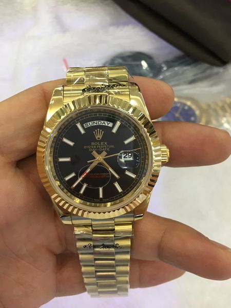 

sell men's sport watch 18k gold daydate series sapphire glass 41mm black dial 2813 stainless steel automatic movement men watches, Slivery;brown