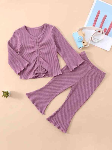 

baby ribbed knit ruched front lettuce trim & flare leg pants she, Blue