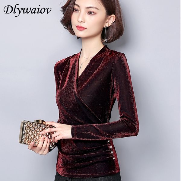 

v neck blouse women fashion temperament gold velvet button plus size female shirts spring korean bottoming long sleeve y200422, White