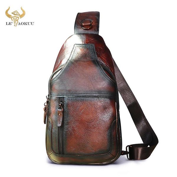 

natural leather men casual fashion travel triangle chest sling bag design 8" tablet one shoulder bag daypack male 6601