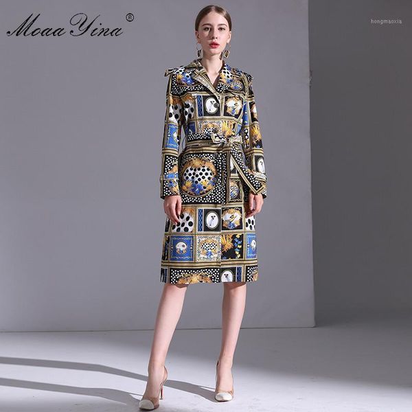 

moaayina fashion designer windbreaker overcoat autumn winter women long sleeve vintage plaid floral print keep warm overcoat1, Tan;black