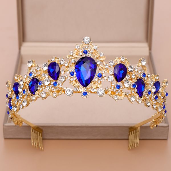 

tiara queen crown bridal hair jewelry blue crystal rhinestone tiaras and crowns for bridal wedding hair accessories, Slivery;golden