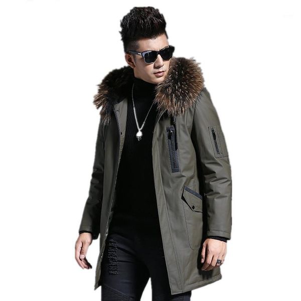 

men's genuine leather jacket winter down jacket men raccoon fur collar long coat luxury cow leather jackets k2373 my14391, Black