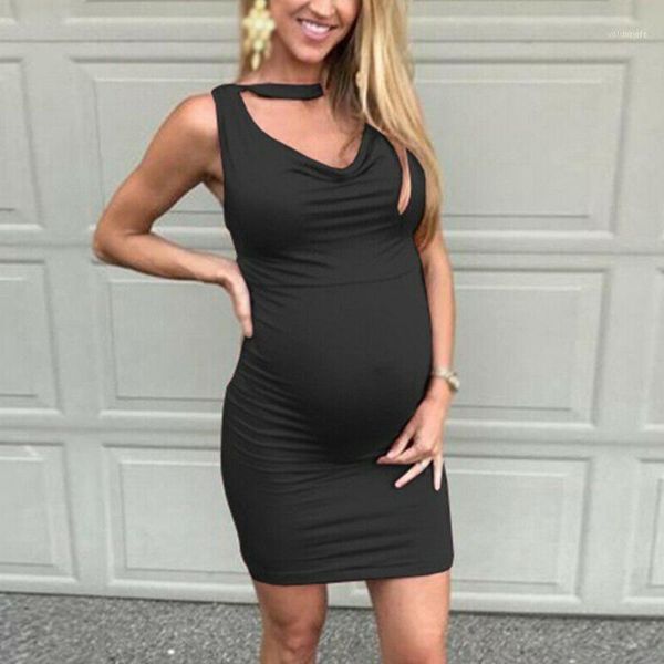 

casual solid summer polyester sundress mini sleeveless pregnant women dress stretch daily hang neck comfortable maternity11, Black;gray
