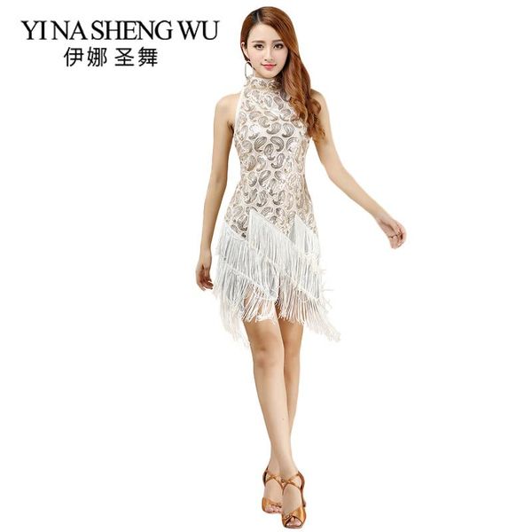 

latin dance costume women dance competition dress sequins tassel elegant latin tango salsa skirt dress 5 colors, Black;red