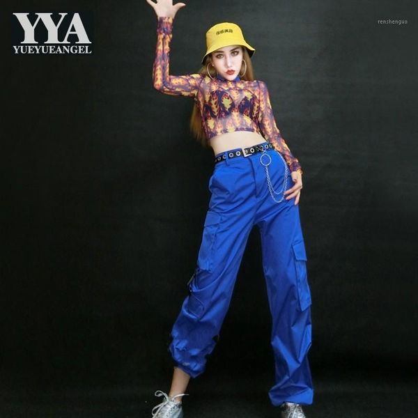 

hip hop street dance sets women streetwear tracksuit perspective long sleeve cropped high waist blue loose cargo pants1, Gray