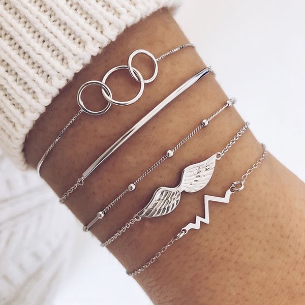

pnad7 wing ecg wing personality round tube circle combination bracelet5-piece suit fengxin ecg fengxin personality beaded round tube circle, Golden;silver