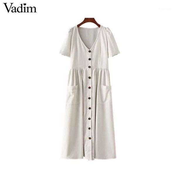 

vadim women v neck solid midi dress pockets buttons short sleeve pleated ladies casual brand chic dresses vestidos qz36501, White;black