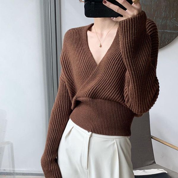 

autumn winter 2020 women's clothing fashion cross v-neck ribbing coarse sweater korean style office lady short knit coat gray, White;black