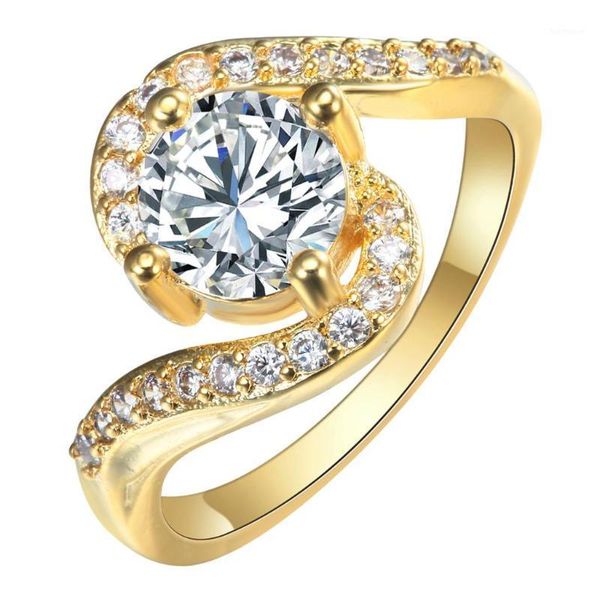 

ufooro white round zircon luxury gold ring for women wedding pure flower crystal cubic zircon bague fashion jewelry1, Slivery;golden