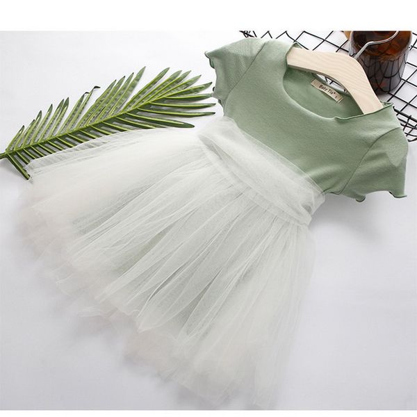 

2021 summer new kids girls dress solid color short sleeves tulle tutu girl casual dresses children clothes e789, Red;yellow