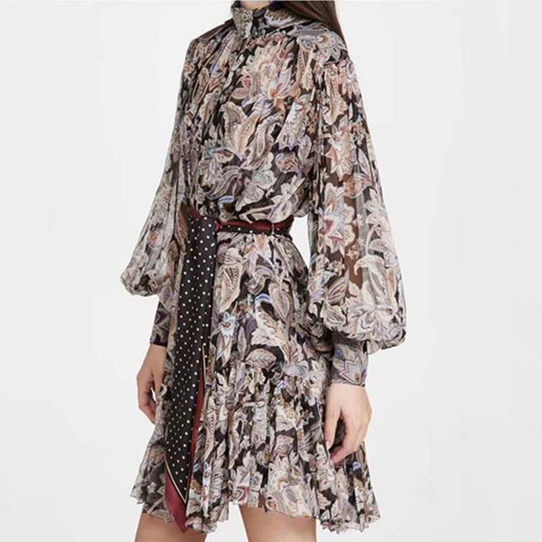 

2020 summer new ladies fashion dress retro print elegant long sleeve high neck belt pleated mini dress1, Black;gray